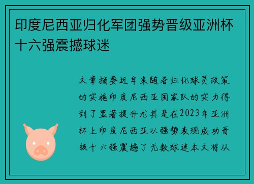 印度尼西亚归化军团强势晋级亚洲杯十六强震撼球迷 印度尼西亚归化军团强势晋级亚洲杯十六强震撼球迷